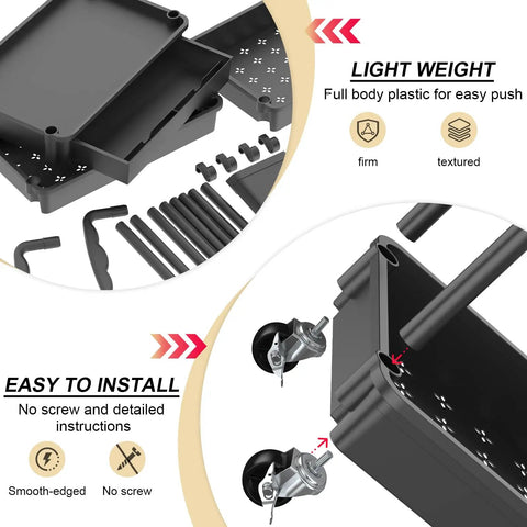Three Tier Rolling Utility Cart With Removable Drawer assembly parts, lockable wheels, plastic material, easy installation guide