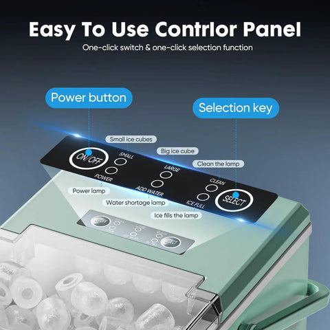Countertop Ice Maker With Scoop, Basket And Handle, Portable Ice Machine That Cranks Out 9 Bullet Ice Cubes In Just 6 Minutes, Delivers Up To 26.5 Lbs Per Day, Two Ice Sizes For Home, Kitchen, Office Or Bar, Green showing easy-to-use control panel.