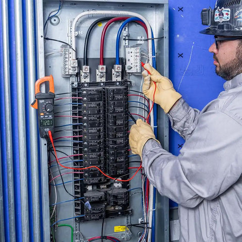Electrician using Auto Ranging Digital Clamp Meter With True RMS for AC and DC current in electrical panel.