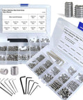 Stainless Steel Set Screws Kit With SAE And Metric Allen Head Socket Hex Grub Screws For Bathroom Fixtures And Door Handles From M3 To M8 And One Eighth To Five Sixteenth Inch Threads displayed in open cases with hex wrenches.