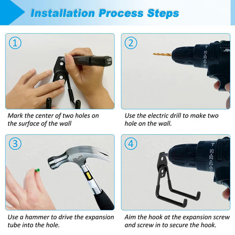Installation steps for Six Pack Heavy Duty Garage Hooks 4.9 Inch Steel Utility Hangers, including drilling and mounting instructions.