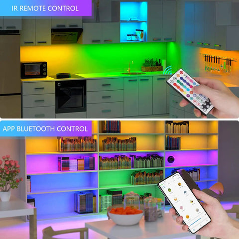 RGBW Under Cabinet Lighting Kit With App And Remote Control 6 PCS LED Strip Lights in kitchen and shelves with color effects.