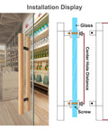 Installation display of Rustic Wood Barn Door Pull Handle Set With Heavy Duty Sliding Hardware Kit on glass door