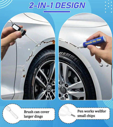 Car Scratch Repair Kit With 2 Pack Touch Up Paint Pens And Varnish Clear Coat For Chips And Rim Scuffs shown in use on vehicle