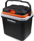 Keep Those Cold Ones Frosty Or Toasty On The Highway In This 26 Quart Electric Car Cooler And Warmer, portable black with orange accents.