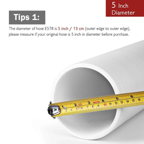 Close-up of Universal 5 Inch Portable Air Conditioner Exhaust Hose, 78 Inch Long, Clockwise Thread, White, with tape measure.