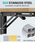 Solid 10 Inch Collapsible Shelf Brackets Built Tough With Brushed Stainless Steel Wall Mount Hinge For Bench Table Space Saving DIY Setup White 2 Pack Holds 150 Lbs Like A Champ showing 304 stainless steel foldable bracket with screws.