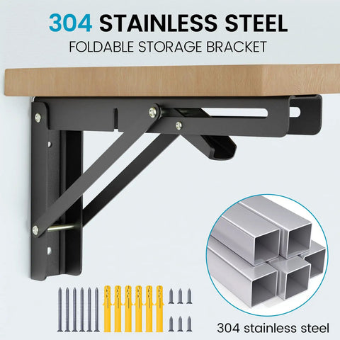 Solid 10 Inch Collapsible Shelf Brackets Built Tough With Brushed Stainless Steel Wall Mount Hinge For Bench Table Space Saving DIY Setup White 2 Pack Holds 150 Lbs Like A Champ showing 304 stainless steel foldable bracket with screws.