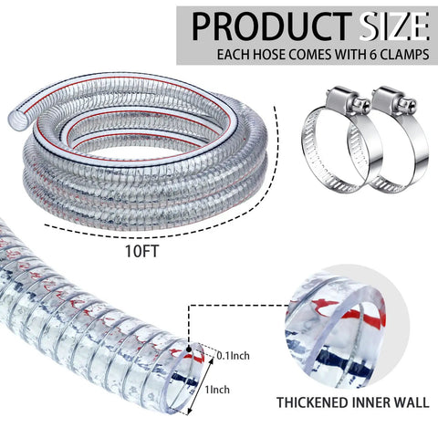 Heavy Duty Steel Wire Flexible PVC Vacuum Hose 1 Inch Inner Diameter 10 Ft With Fasteners Reinforced Clear Tubing for pumps
