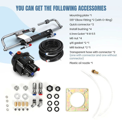 90HP Outboard Hydraulic Steering Kit accessories including pump, cylinder, 24ft hoses, installation hardware, and fittings.