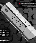 Vertex Six Outlet Power Center Surge Protector With Four Foot Detachable Magnetic Mount And USB Hub Two USB A And One USB C For Computers TVs Audio Gear White on a hexagonal background.