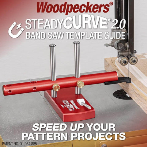 SteadyCurve 2.0 Band Saw Template Guide With Magnetic Base And Adjustable Blade Offset, shown installed on a band saw table.