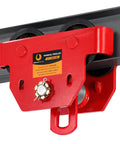 3 Ton Manual I Beam Trolley With Adjustable Width for flange 3.66 to 8.46 inches, showing heavy-duty wheels on overhead beam