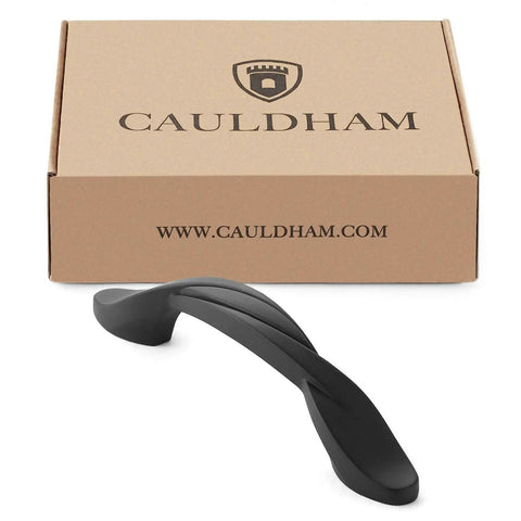 25 Pack Solid Braided Kitchen Cabinet Pulls Handles 4 And A Half Inch Length 3 Inch Hole Centers Matte Black Drawer And Door Hardware Style M260 Heavy Duty Solid Metal Build with packaging box in background