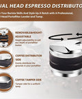 Top Tier Wood Coffee Tamper With Precision Powder Distributor Kit showing dual-head espresso distributor for even tamping.