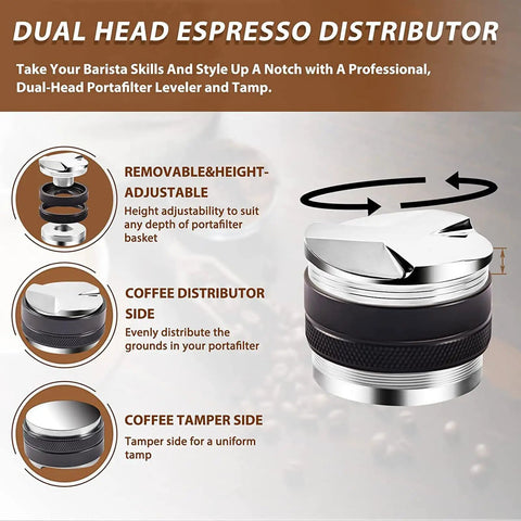 Top Tier Wood Coffee Tamper With Precision Powder Distributor Kit showing dual-head espresso distributor for even tamping.