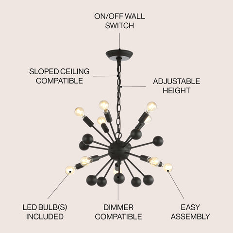 19.5-Inch Black 10-Light Iron Sputnik Chandelier with LED bulbs, adjustable height, and dimmer compatible for modern rooms.