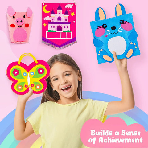 Girl holding butterfly tote from Kids Beginner Sewing Kit With Felt Projects For 5 And Up 8 Totally Easy DIY Crafts.