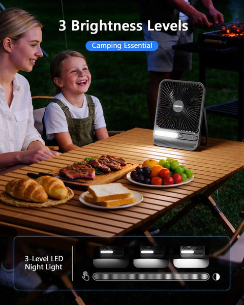 7 Inch Portable Desk Fan With 10000mAh Battery USB Rechargeable LED Light Display And Timer 4 Speed Settings at camping table