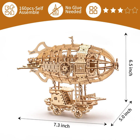 3D Wooden Puzzle Airship Kit For Adults And Teens Educational Brain Teaser Model Building Kit Premium Plywood Parts Easy To Assemble Tenon Joint Craft Hands On Fun Gift For Christmas Birthday Or Friends, showing assembled airship model with dimensions and features.