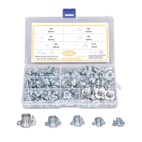 Extensive T Nut Assortment Kit With 105Pcs Galvanized Carbon Steel Tee Nuts M10 Pronged Threaded Inserts for woodworking projects