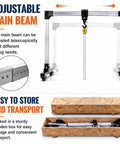 Image of Portable Aluminum Gantry Crane With 4400 Lb Capacity Adjustable Height And Width Tuned For Low Ceilings showing adjustable main beam and storage box.