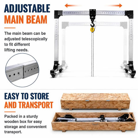 Image of Portable Aluminum Gantry Crane With 4400 Lb Capacity Adjustable Height And Width Tuned For Low Ceilings showing adjustable main beam and storage box.