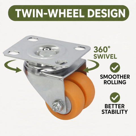 Heavy Duty 1.5 Inch Dual Wheel Casters Set Of 4 Featuring Two Wheel Brakes And Top Shelf Chrome Finish For Flawless Rolling and 360 Ball Bearing Swivel