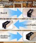 2-in-1 Auto Centering Dowel Drilling Jig With 8 Drill Bushings 3-10mm, showcasing use on board, square, and cylindrical timber.