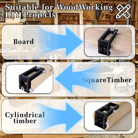 2-in-1 Auto Centering Dowel Drilling Jig With 8 Drill Bushings 3-10mm, showcasing use on board, square, and cylindrical timber.
