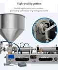 Slick Horizontal Pneumatic Bottle Filler And Liquid Paste Filling Machine With Straight Up Reliable Operation, 40L Hopper Size, Stainless Steel Frame, showing high-quality piston and cone.