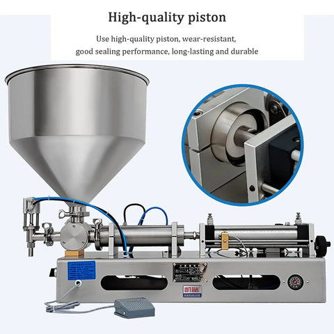 Slick Horizontal Pneumatic Bottle Filler And Liquid Paste Filling Machine With Straight Up Reliable Operation, 40L Hopper Size, Stainless Steel Frame, showing high-quality piston and cone.