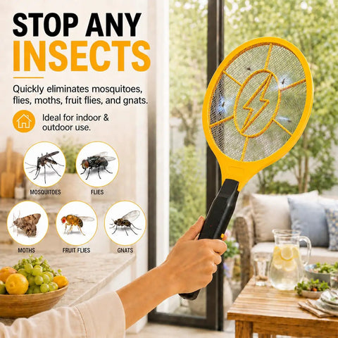Two Pack Handheld Bug Zapper Racket For Mosquitoes And Insects With 3000V High Voltage Electric Fly Swatter in use indoors