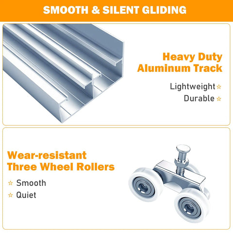 Four Foot Aluminum Bypass Door Hardware Set For Two Door System With Finger Pulls Fits Door Thickness One And Three Eighths To One And Three Quarters Inches Delivers Quiet, Smooth Sliding And Space Saving Installation showing aluminum track and rollers