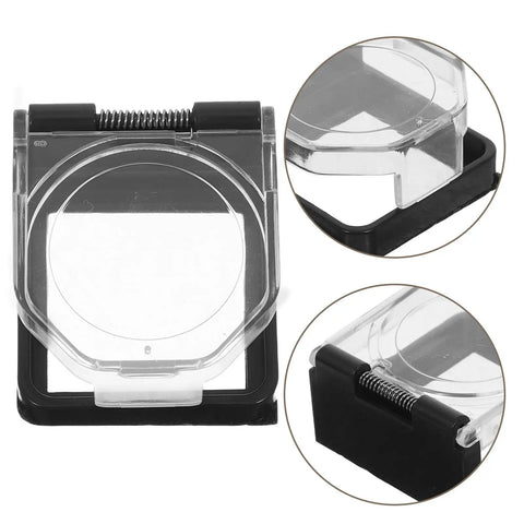 2 Pack Spring Loaded Push Button Cover With Adhesive Backing Dustproof Power Switch Protector For Car Ignition Industrial Control Panels And Home Appliances Durable Button Guard That Keeps Dirt Out And Extends Lifespan Like A Champ. Clear plastic cover with black base, spring hinge, and adhesive backing