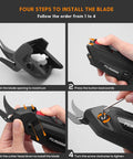 Four steps to install the blade on Rechargeable Electric Scissors With Dual Lithium Battery Packs And Razor Sharp Blades.
