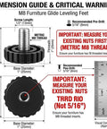 M8 Furniture Glide Leveling Feet dimensions guide showing sizes, threads, and recommendations for adjustment for leveling furniture.