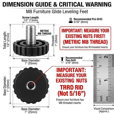 M8 Furniture Glide Leveling Feet dimensions guide showing sizes, threads, and recommendations for adjustment for leveling furniture.