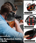 Person using Boss Level Noise Reduction Ear Muffs For Shooting And Range Safety, Cushioned Hearing Protection with SNR 34dB
