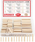 Pro Grade Wooden Dowel Pins Set With Tapered Ends And Beveled Grooves, Nine Size Assortment in plastic case, 200 pcs total