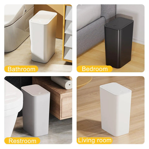 Three Pack 10L Small Trash Cans With Lids Pop Up Lid in black, grey, off white in various rooms, showing slim design