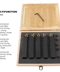 Front view: five-piece carbide turning tool set with 60°, 75°, 90° indexable inserts in 3/4 inch tools in a wooden case