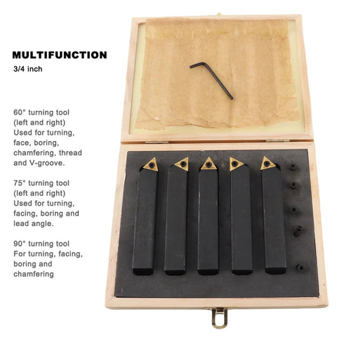 Top view of 5-piece carbide turning tool set with 60°, 75°, 90° blades in wooden case including hex key