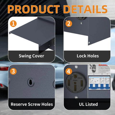 Close-up of Weatherproof Temporary Power Outlet Panel For RV Hookups With 20 30 50 Amp Receptacles showing swing cover, lock holes, reserve screw holes, UL listed