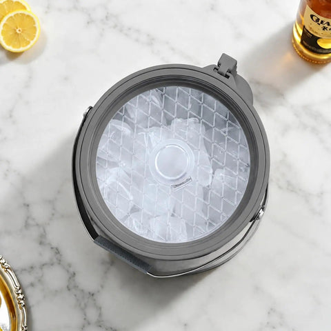 Big Boy 7qt Vacuum Insulated Ice Bucket With Lid And Scoop, Heavy Duty Cold Drink Cooler Keeps Your Drinks Freakin Frosty And Party Ready For Any Backyard Hang, top view with ice.