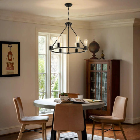Dining room with Black Wagon Wheel Chandelier, 6-Light Rustic Modern Farmhouse Pendant for dining table over table, 23.6 inch