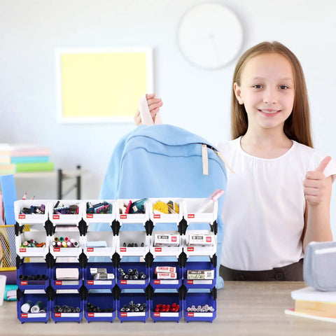 Heavy Duty Stackable Plastic Storage Bins 24 Pack For Garage Tools And Small Parts Organization 5x4x3 Inch Blue And White 33 Lbs Per Bin