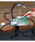Go-To Soldering Helper Station with eight flexible gooseneck arms and desk clamp holding PCB, electronics repair, DIY projects