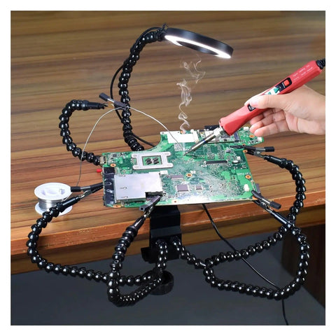Go-To Soldering Helper Station with eight flexible gooseneck arms and desk clamp holding PCB, electronics repair, DIY projects