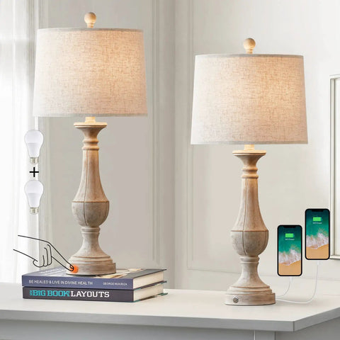Farmhouse 3 Way Dimmable Touch Table Lamps Set of 2 with USB Ports for Nightstand Living Room and Bedroom in Washed White